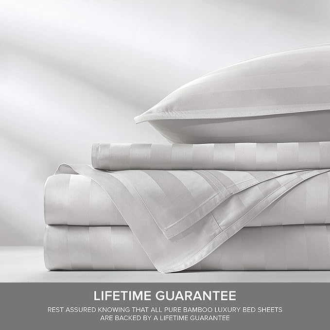 California King Sheets by Pure Bamboo, Genuine 100% Organic Viscose Derived from Bamboo Bed Sheet Set, Soft & Cooling, Double Stitching, Lifetime Quality Promise (California King, Jacquard White)