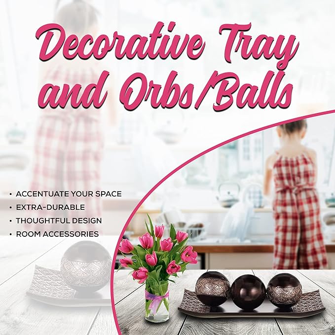HomeRoots Tray and Orbs Balls | Centerpiece Table Decorations | Home Decor |Decorative Accents Balls for Living Room, Coffee, and Dining Table Decor |Set of 3 | Brown Decor