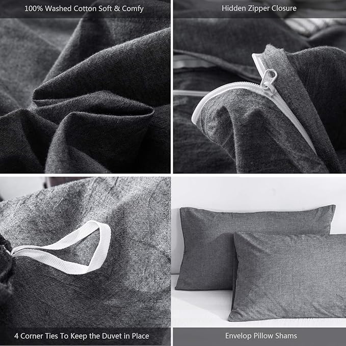 MooMee Bedding Duvet Cover Set 100% Washed Cotton Linen Like Textured Breathable Durable Soft Comfy (Heathered Dark Grey, Oversized Queen 98"x98")