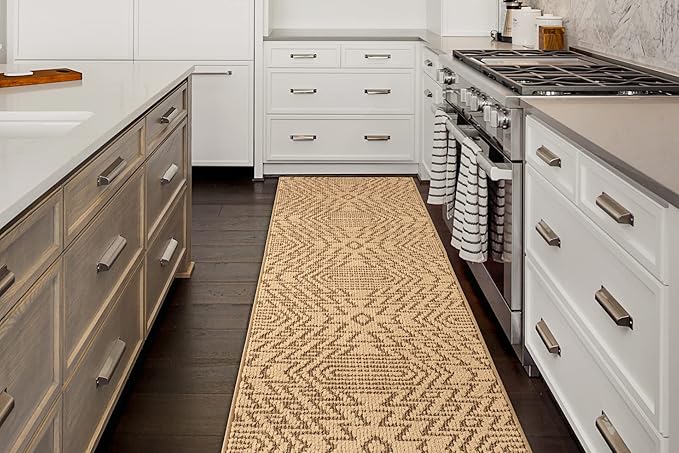 Custom Length Cut to Size Tribal Ethnic Southwestern Inspired Hallway Runner Rug, Non Slip Rubber Backed, 31 inch Wide X Customized Length, Inca Tan, 31 inch X 35 feet