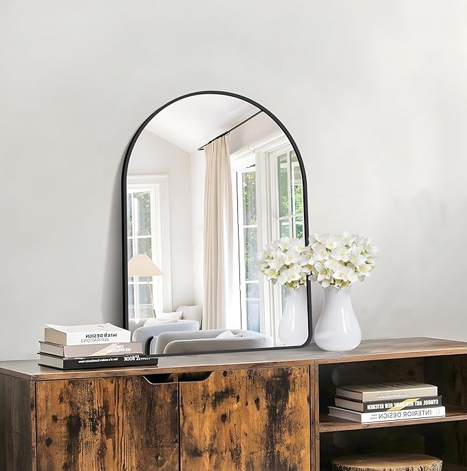 GLASHOM 20"x28" Black Arched Mirror for Bathroom, Wall Mounted Mirror, Aluminum Alloy Brushed Framed Wall Mirror, Anti-Rust, Large Mirror for Over Sink, Bedroom, Entryway Vertically Hanging