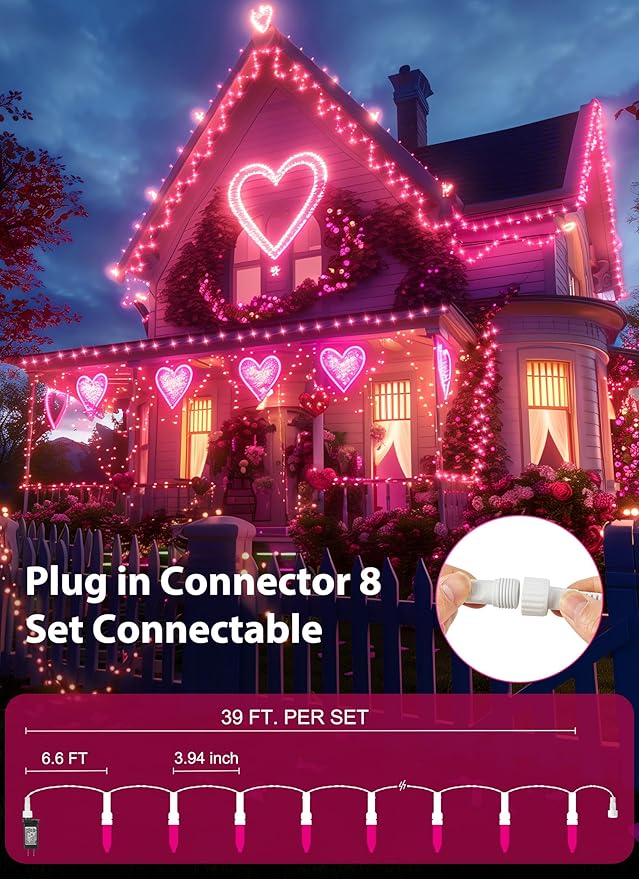 Pink Christmas Mini Lights, 39Feet 100 LED Pink String Light with 8 Lighting Modes, Connectable Valentine's Lights for Indoor Outdoor Valentine's Day Garland Wreath Holiday Decoration, White Wire