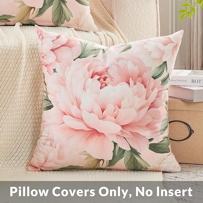 Pink Floral Throw Pillow Covers 18x18 Set of 2, Decorative Peony Flower Cushion Cases, Soft Holland Velvet Cushion Covers for Farmhouse Sofa Couch Bed Home Decor