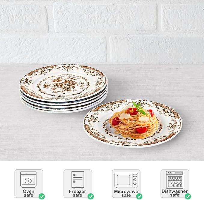 Dinner Plates Set of 6, Ceramic Kitchen Plates Microwave Safe Plates, 10.5 Inch Porcelain Dinner Plates Floral, Brown