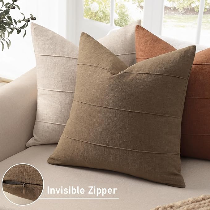 ZWJD Decorative Linen Throw Pillow Covers 18x18 Set of 2 Solid Handcrafted Striped Cushion Covers for Bed Soft Modern Farmhouse Neutral Pillowcase for Couch Bedroom Living Room Home Decor(Coco Brown)