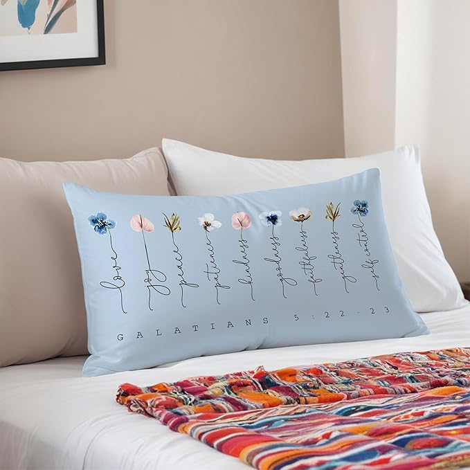 Fruit of The Spirit Bible Verse Pillow Covers 12x20, Boho Floral Christian Throw Pillow Covers for Home Office Church Decor, Christian Gifts for Women, Faith Based Gifts(Blue)