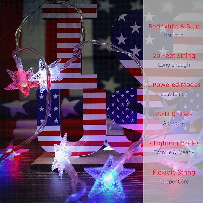 4th of July Decorations Red White and Blue Star String Light Battery Operated 10FT 20 LED Indoor Outdoor Waterproof Twinkle Patriotic Fairy Lights for Independence Day Memorial Day