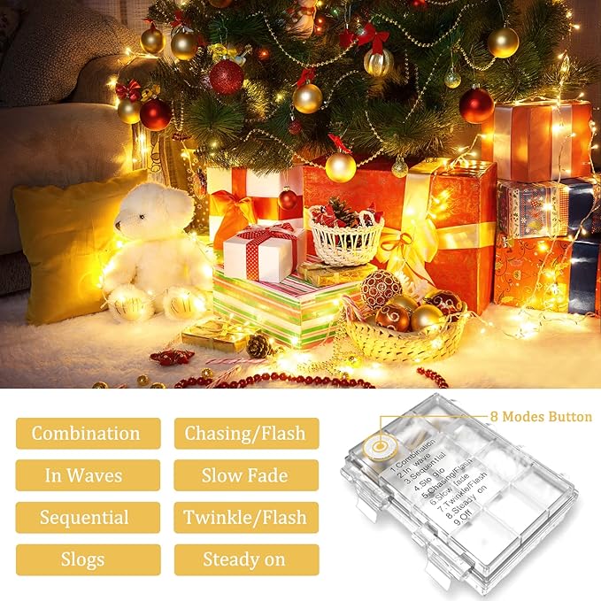 JMEXSUSS 33ft 100 LED Warm White Christmas Lights Outdoor, Battery Power String Lights Waterproof, Twinkle Fairy Mini Lights with 8 Modes Remote Indoor