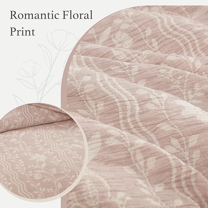 Full Comforter Set -7 Pieces Botanical Almond Pink Comforter Set for All Seasons, Bed in a Bag Full with Flowers Floral Comforter, Sheets, Pillowcases & Shams