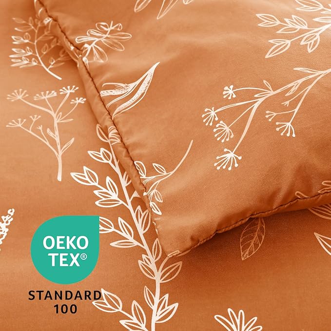 MUXHOMO Burnt Orange Bed in a Bag King 7 Pieces, King Comforter Set Reversible Botanical Flowers Design, Ultra Soft & Breathable Bedding Sets with Comforter, Sheets, Pillowcases & Shams
