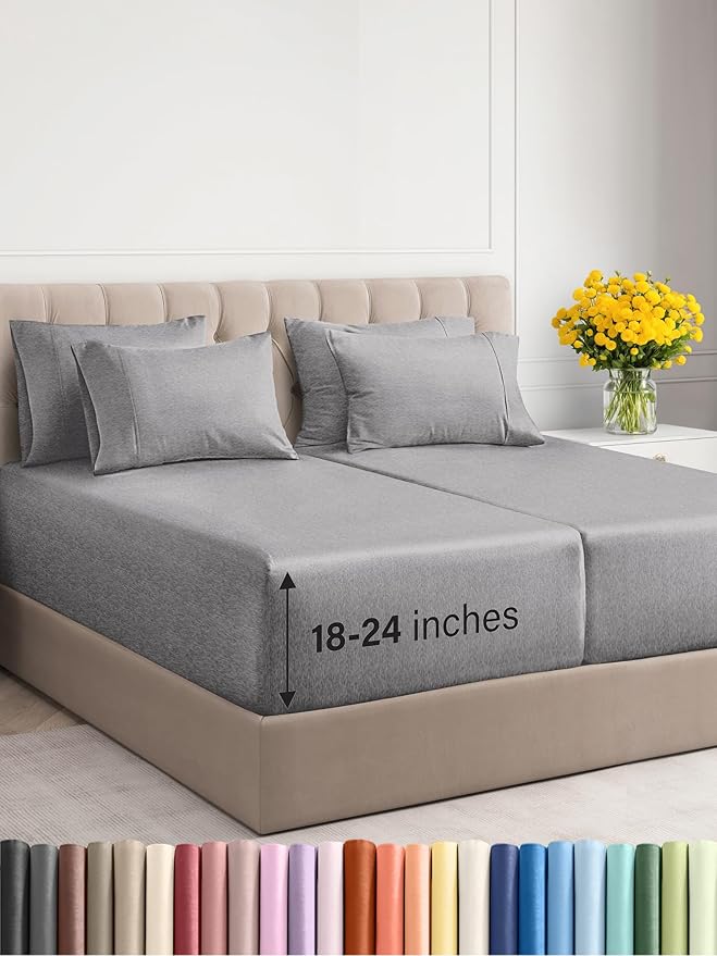 Extra Deep Split King Sheet Set - 7 Piece Breathable & Cooling Sheets - Hotel Luxury Bed Sheets Set - Easy Fit - Soft, Wrinkle Free & Comfy Sheets Set - Heathered Grey Sheet Set w/Extra Deep Pockets