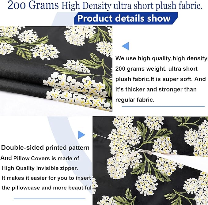 Decorative Throw Pillow Covers Set of 2 Black Hydrangea Pillow Covers 18x18 inch Super Soft Short Plush Square Floral Throw Pillows,Farmhouse Outdoor Pillow Covers for Couch Living Room