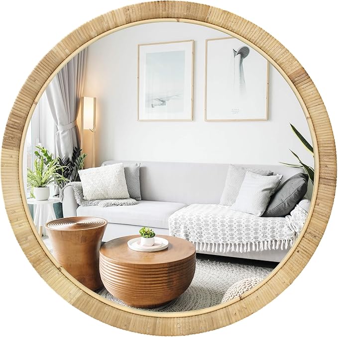 Rattan Round Wall Mirror, 28in Rattan Mirror for Wall, Rattan Frame Boho Mirror for Farmhouse Bedroom Checkroom Livingroom Decor (Natural Rattan)