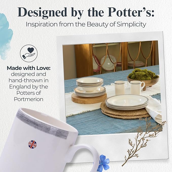 Portmeirion Potter's Brushstroke Coffee Mug (Set of 4) - 9oz White Ceramic Mugs with Grey Brushstroke Pattern - Microwave, Dishwasher, Freezer Safe Earthenware Mugs for Tea & Coffee Lovers (Grey)