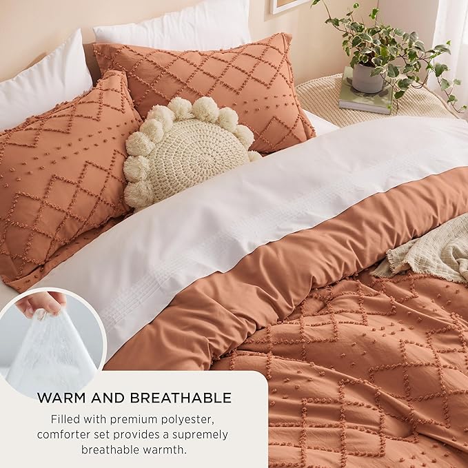 Bedsure King Comforter Set - Pumpkin Comforter, Boho Tufted Shabby Chic Bedding for Kids, 3 Pieces Vintage Farmhouse Bed Set for All Seasons, Fluffy Soft Bedding with 2 Pillow Shams