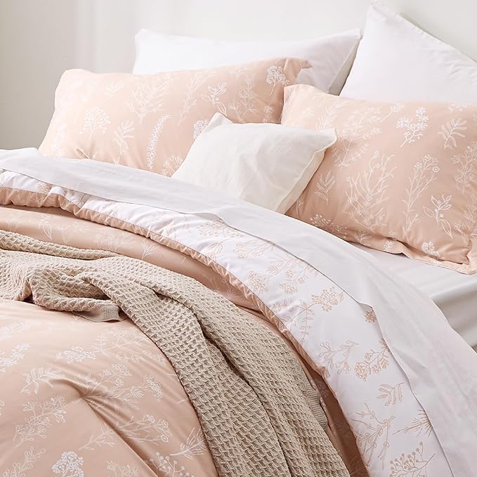 Bedsure Queen Comforter Set - Dusty Rose Bed Set, 3 Pieces Cute Floral Bedding, 1 Soft Reversible Botanical Flowers Comforter and 2 Pillow Shams