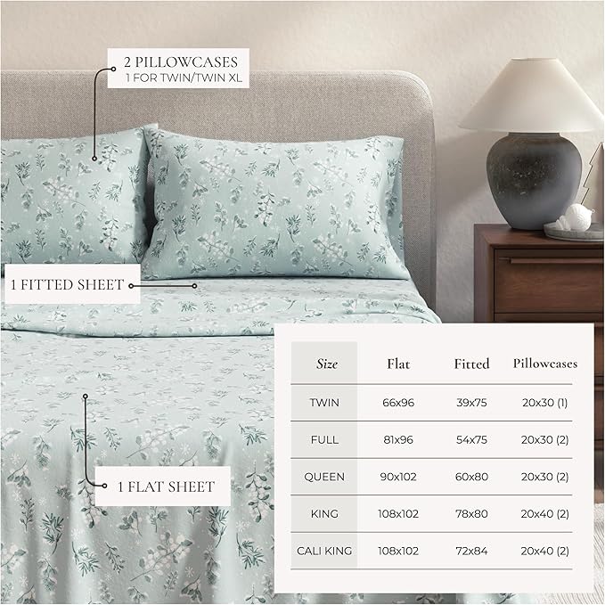 Great Bay Home Flannel Sheet Set Full Size - 100% Turkish Cotton, Double-Brushed, Winter Floral Bed Sheets - Ultra-Soft, Cozy, 4-Piece Bedding Set (Snowy Botanical)