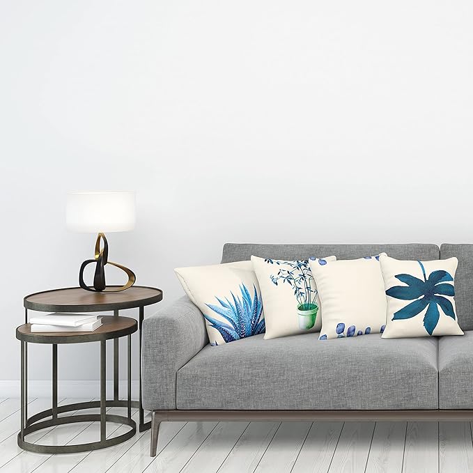 Ambesonne Botanical Throw Pillow Cushion Case Pack of 4, Minimalist Watercolor Painting Leaves Agave Branches Plant in a Pot, Modern Accent Double-Sided Digital Printing, 18", Dark Turquoise Ceil Blue