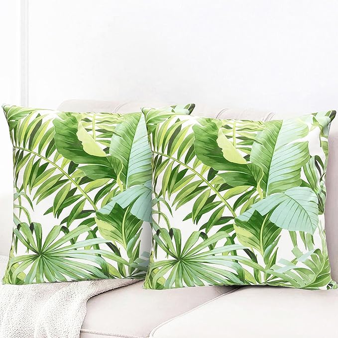 Decorative Throw Pillow Covers Set of 2 Green Leaves of Tropical Pillow Covers 16x16 inch Super Soft Short Plush Square Throw Pillows,Farmhouse Outdoor Pillow Covers for Couch Living Room