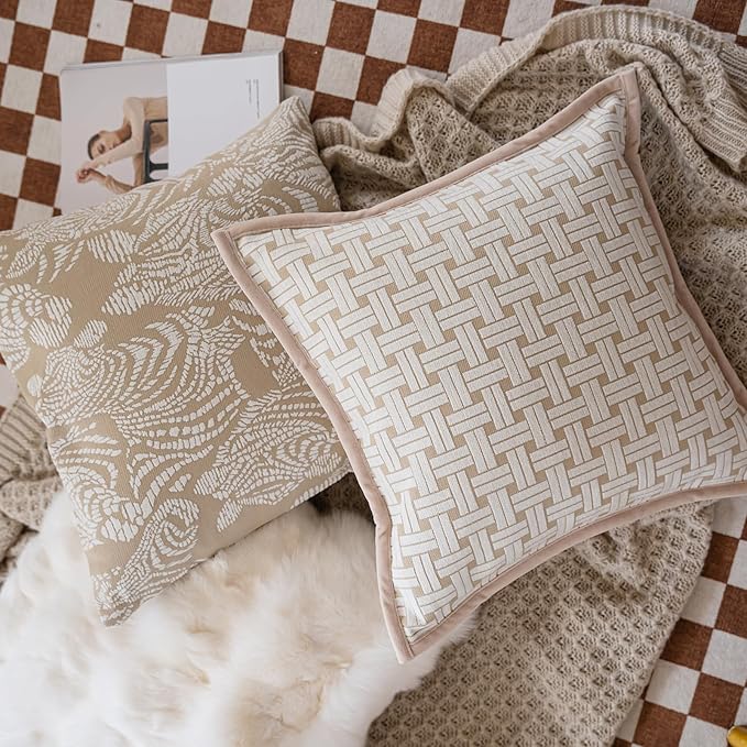 Premium Throw Pillow Covers 18x18 Inches - Framed Oatmeal Woven Whisper Grid Chenille Jacquard Embroidery Decorative Couch Pillow Covers for Living Room Bedroom Sofa