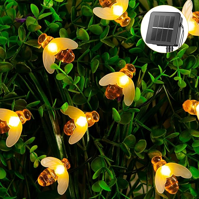 Solar Bee String Lights Outdoor 31FT 50 LED Honeybee Fairy Lights with 8 Lighting Modes, Waterproof Solar Bumble Bee for Patio Yard Garden Grass Wedding Christmas Party Decor, Warm White