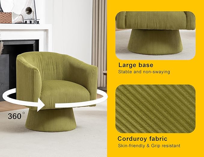 Swivel Accent Chair, Modern 360° Barrel Chair, Corduroy Upholstered Single Sofa for Living Room, Bedroom(Green)