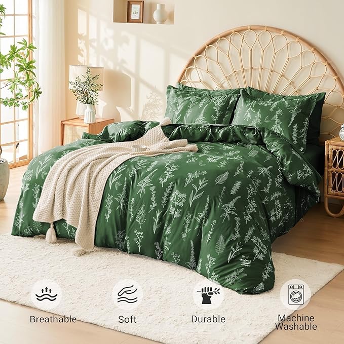 MUXHOMO Dark Green Twin Comforter Set, Elegant Floral Print Bed in a Bag 5 Pieces, Ultra Soft & Breathable Reversible Botanical Pattern Bedding Set with Comforter, Sheets, Pillowcase, and Sham