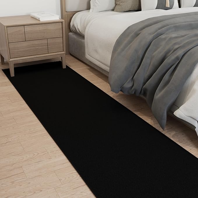 Ottomanson 2x37 Non Slip Extra Long Hallway Runner Rug with Rubber Backing - Solid Modern Kitchen Rug for Bedroom or Living Room, Black, 2' x 37'
