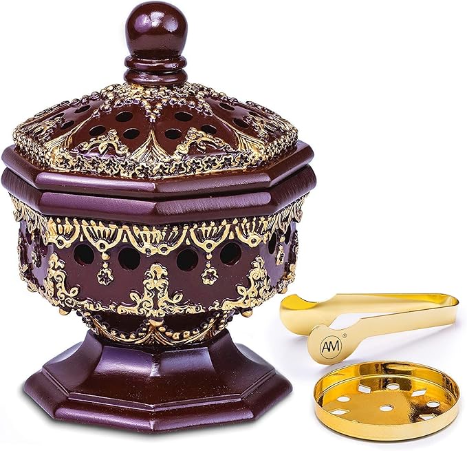 AM Lux Octagon Incense Burner – Bakhoor & Cone Holder | Charcoal Resin Burner for Frankincense, Myrrh & Aromatherapy | Decorative Mabkhara for Home, Office & Meditation Room Decor | Gift Box (Brown)