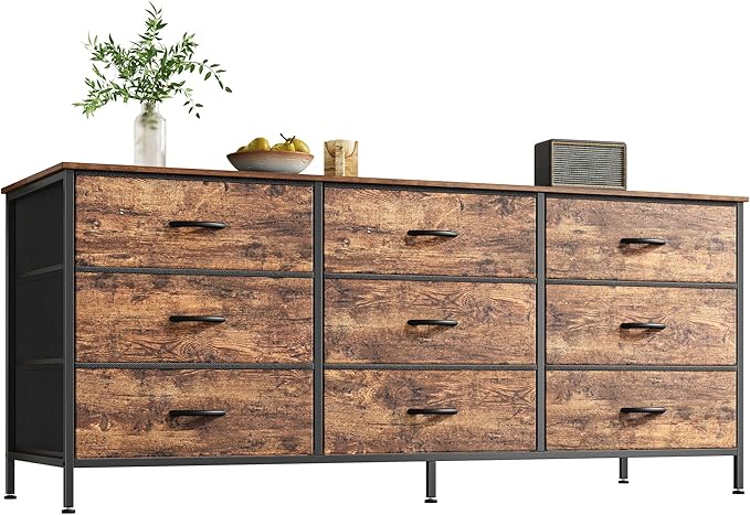 Huuger 9 Drawer Dresser, 55 Inch TV Stand for 55, 60 Inch TV, Entertainment Center with Drawers, Large Storage Fabric Dresser for Bedroom, Closet, Rustic Brown