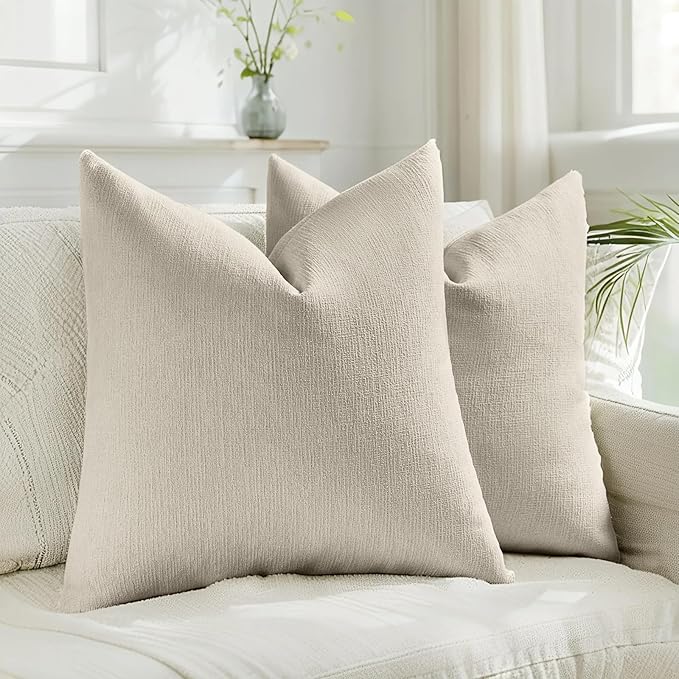 HAUSSY Beige Throw Pillow Covers 26x26 Inch Set of 2,Boho Decorative Faux Linen Throw Pillows Cozy Farmhouse Accent Cushion Covers,Home Decor for Couch Sofa Bed Living Room