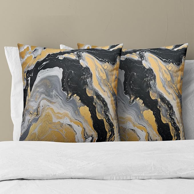 Black Yellow Marble Pillow Covers - Grey Silver Marbles Throw Pillow Covers Abstract Fluid Art Ink Pillowcases 16x16 Set of 2 Decorative for Couch Sofa Car Bedroom