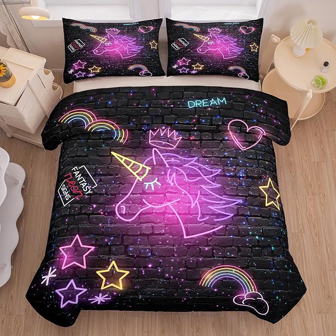 Tailor Shop Unicorn Comforter Sets King Size,Black Unicorn Bedding Sets for Girls Kids Teens with 2 Pillowcase…