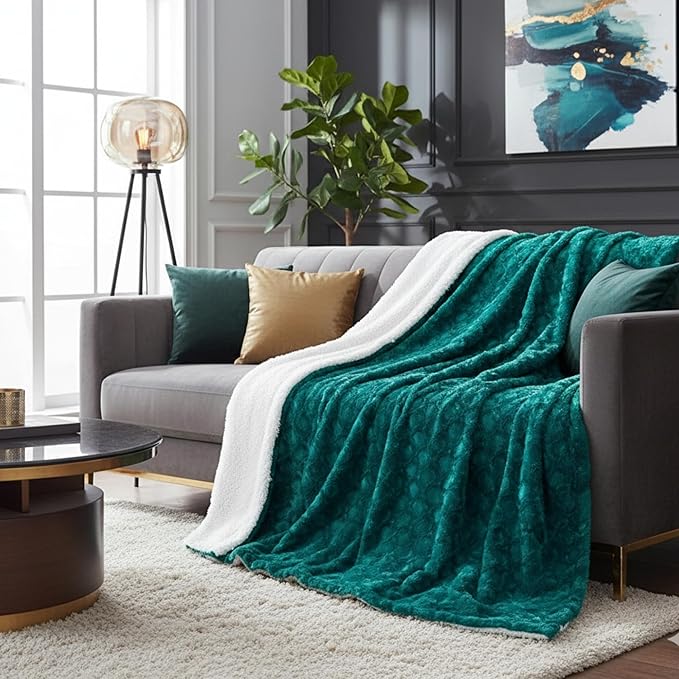 DaDa Bedding Lavish Emerald Green Blue Faux Fur Fuzzy Throw Blanket - Mermaid Scales Design White Sherpa Backside - Soft Warm Plush Bright Vibrant Jewel Tones Embossed for Bed/Couch - 63" x 90"