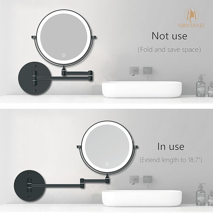 Rechargeable Wall Mounted Lighted Makeup Vanity Mirror 8 Inch Double Sided 1X 10X Magnifying Bathroom Mirror, 3 Color Lighting, Touch Screen Dimming, 360 Rotation Shaving Matte Black