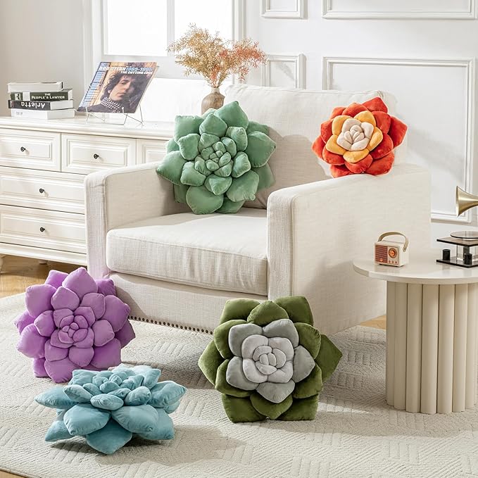 3D Plant Pillow 13.8'' Cute Flower Throw Pillow Blue Plant Shaped Decor Soft Unique Plush Decorative Pillow Throw Cushions for Bedroom Home Decorations