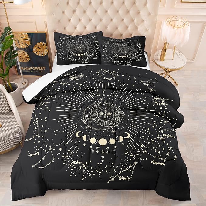 Tailor Shop Bohemian Sun and Moon Comforter Set for Adults Girls Kids Black Grey Luxury Constellation Comforter Decor Sun and Moon Galaxy Bedding Sets Queen Size Whit 1 Comforter 2 Pillowcases,07…