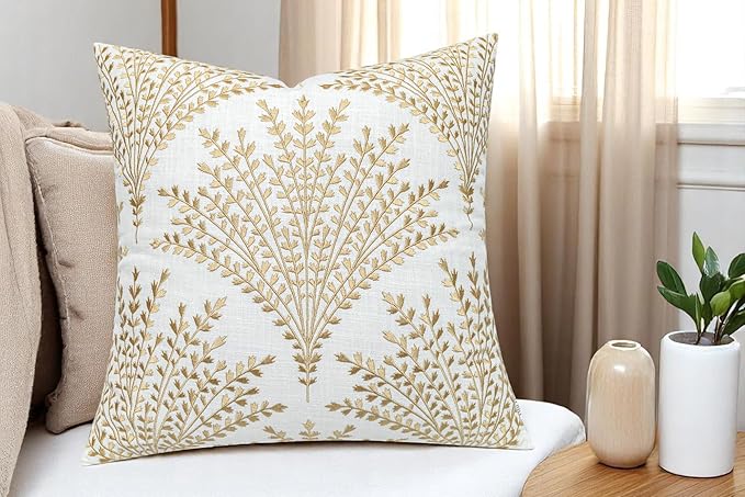 Rohan Leaves Embroiderd Decorative Square Accent Throw Pillow Cover - Sofa, Chair, Couch, Bedroom, Living Room, Farmhouse Home Decor - 20x20 Inches, Ivory