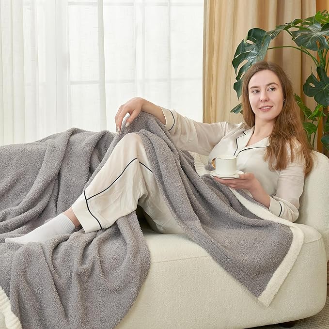 Snuggle Sac Grey Throw Blanket for Couch Bed Sofa 60x80 inches, Reversible Grey Blanket Microfiber Fluffy Fuzzy Cozy Knit Twin Blanket for Women Mothers Birthday Gifts