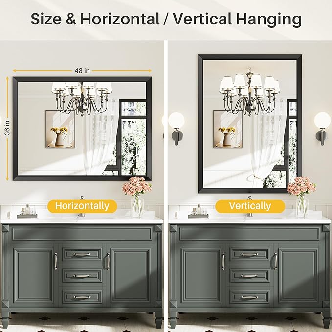 48x36 Inch Black Bathroom Mirror for Wall, Thick Metal Framed Rectangle Mirrors for Over Sink, Bedroom, Living Room, Entryway, Anti-Rust, HD Tempered Glass
