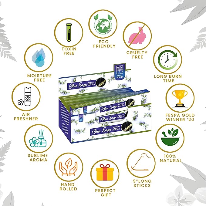 SOUL STICKS Hand-Rolled Incense Sticks Mystic Spirit Blends 180 Gram 12 Pack Box | 100% Natural Masala Incense Organic Home Fragrance Agarbatti (Blue Sage)