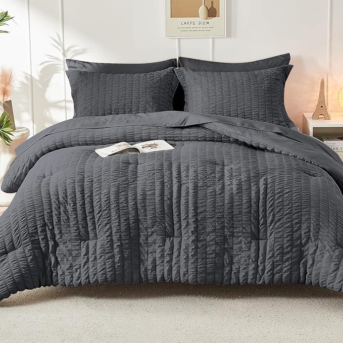 HYMOKEGE Oversized Queen Comforter Set Seersucker 7 Pieces, All Season Luxury Bed in a Bag for Bedroom, Bedding Set with Comforter, Sheets, Pillowcases & Shams, Dark Grey