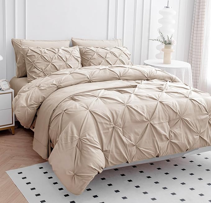 LANE LINEN King Size Comforter Set - 7 Pieces King Size Bed in A Bag, King Bedding Sets with Comforters, Sheets, Pillowcases & Shams, Bedding Set - Beige