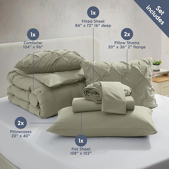 Nestl California King Comforter Set 7 Piece - Pintuck Cal King Comforter Set Light Sage, California King Bed in a Bag, All Season Bed Set with Flat Sheet and Fitted Sheet, Pillowcases and Shams