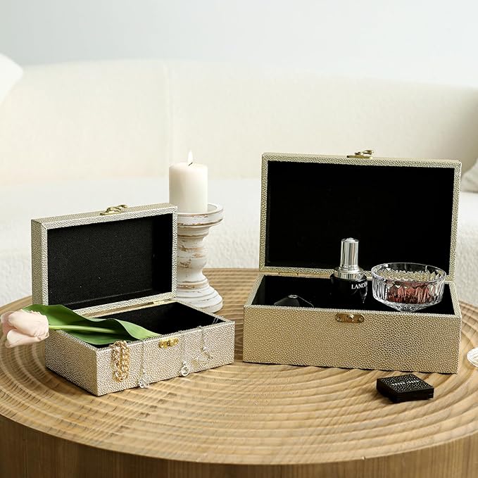Faux Leather Decorative Storage Boxes Set of 2, Gold