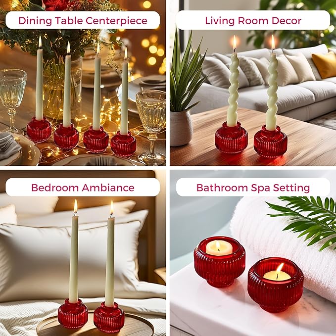 Kate Aspen Red Ribbed Taper Candle Holders for Candlesticks Set of 4, Candlestick Holders, Votive Candle Holder Decor, Red Kitchen Decor, Glass Candlestick Holder,Table Centerpieces, Holiday Accents