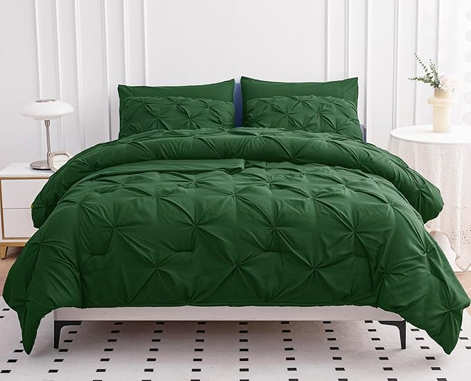 LANE LINEN Queen Comforter Set - 7 Pieces Pintuck Bed in A Bag, Queen Bed Set with Comforters, Sheets, Pillowcases & Shams, Bedding Set - Olive Green