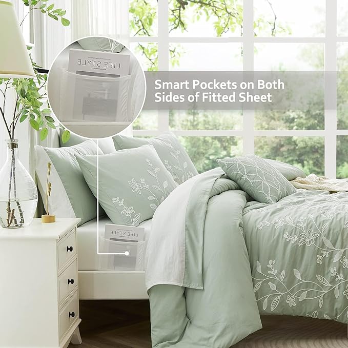 MaiRêve Embroidery Comforter Sets Green Twin Size, Farmhouse Floral Twin Bedding Sets 5 Pieces, Warm Fluffy All Season Bed Set and Comforter Sets(Green, Twin,66"x86")