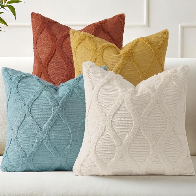 decorUhome Set of 4 Throw Pillow Covers 18x18 Inch, Neutral Decorative Soft Plush Faux Wool Couch Pillow Covers, Farmhouse Pillow Cases for Living Room Bed Sofa (Beige/Rust)