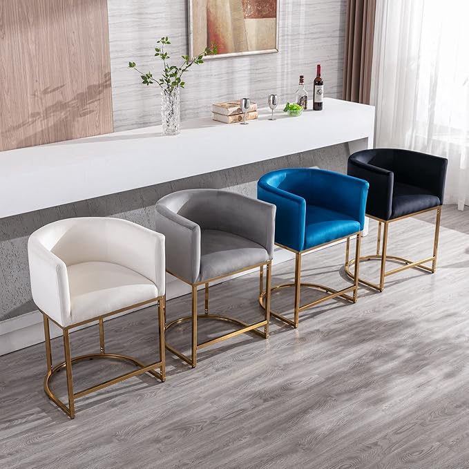 Modern Counter Height Velvet Upholstered Bar Stools Set of 4, 24" Kitchen Counter Island Stools Bar Chairs with Gold Metal Frame for Kitchen Island, Gray